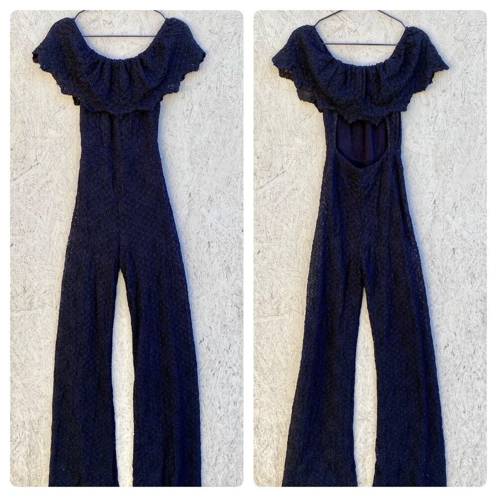 Nightcap Clothing Stretch Lace Ruffle Off Shoulder Open Back Jumpsuit Sz XS